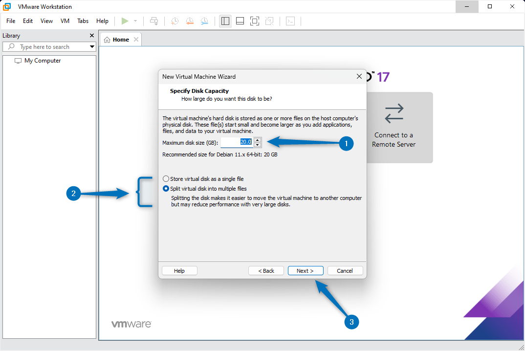 Allocating storage space for Debian 12 virtual machine and virtual disk settings on VMware