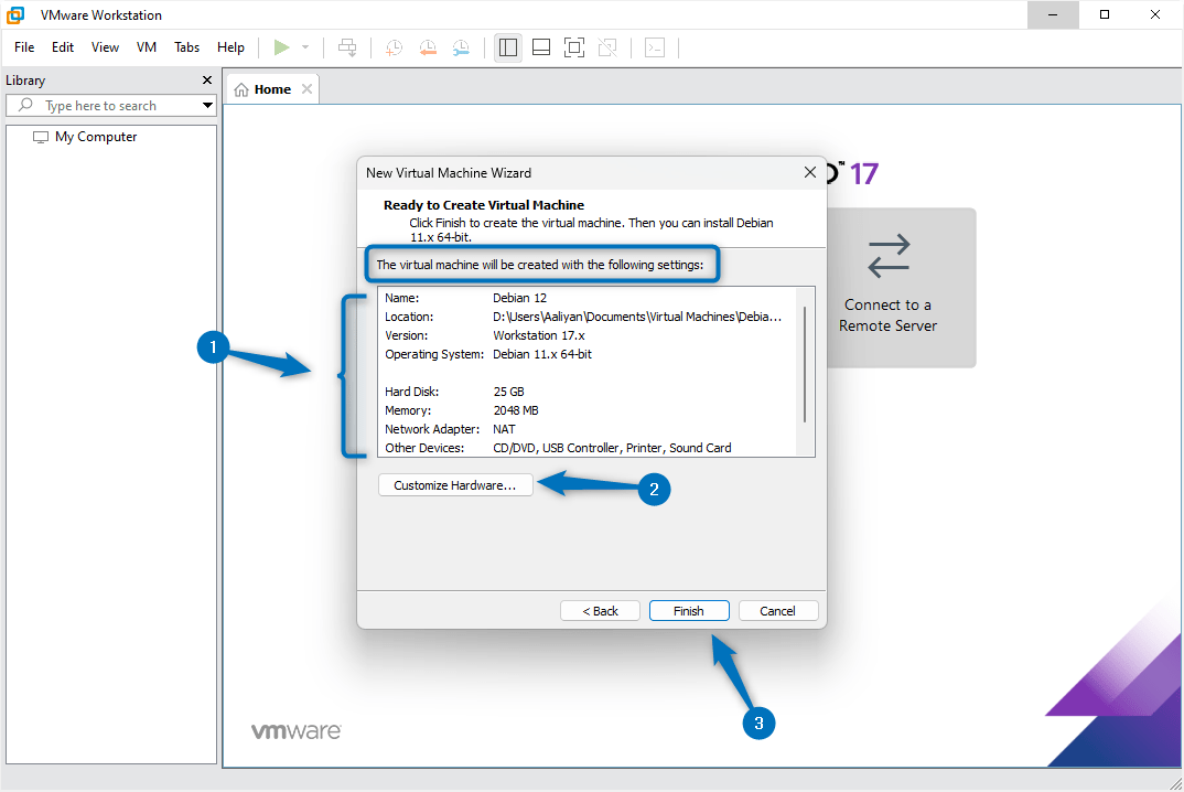 Summary of Debian 12 virtual machine settings on Vmware