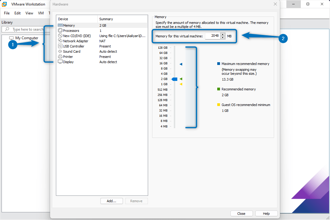 Hardware customisation settings of Debian 12 virtual machine in VMware. Allocating RAM for Debian 12 virtual machine in WMware.