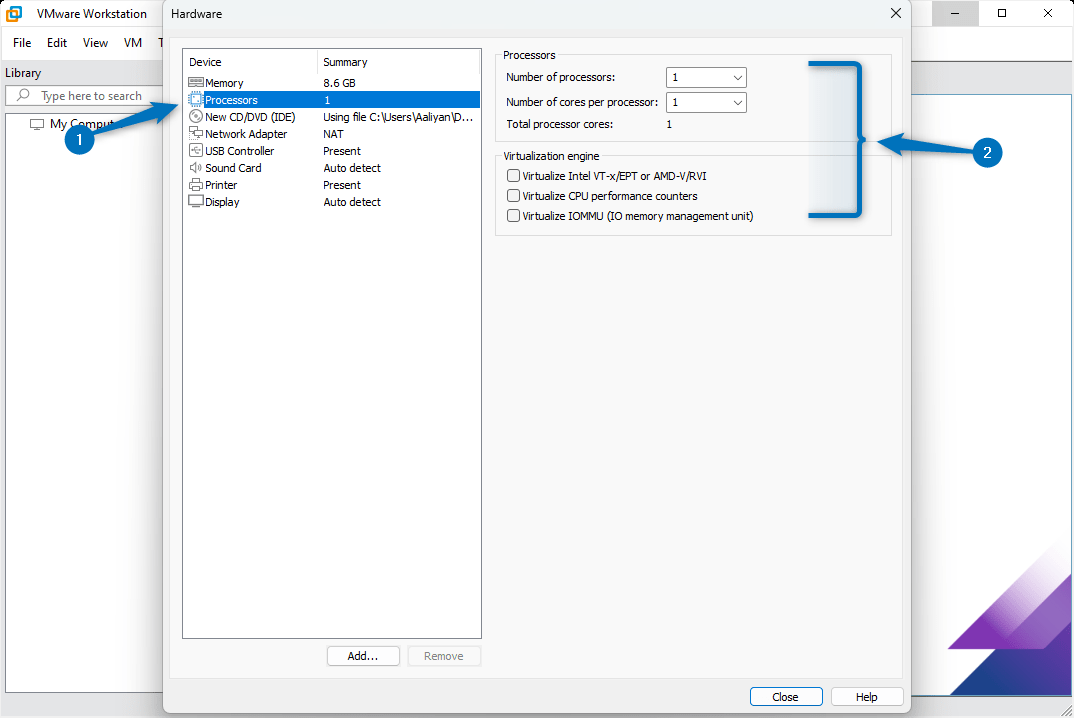 setting number of processor and cores for Debian 12 virtual machine on WMware.