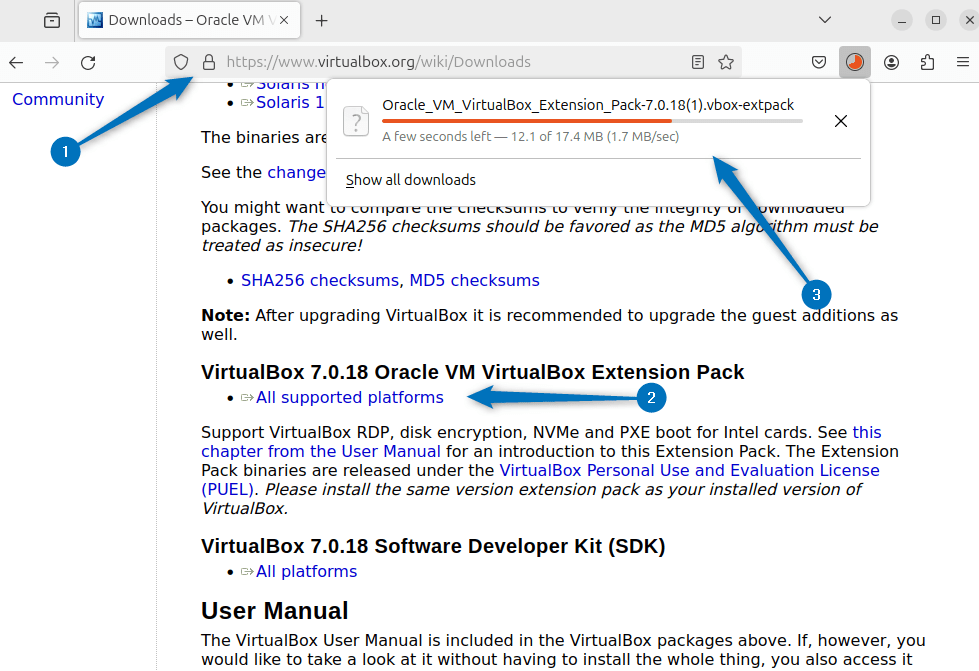 Downloading VirtualBox Extension Pack on Ubuntu