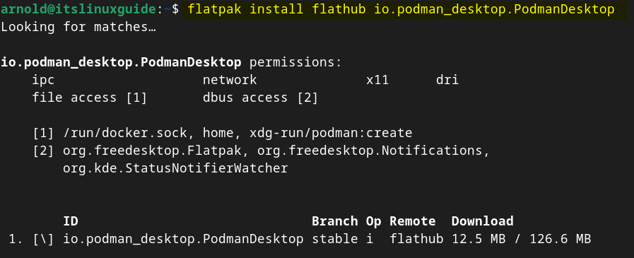 Installing Podman Desktop on Debian 12 using Flathub repository.
