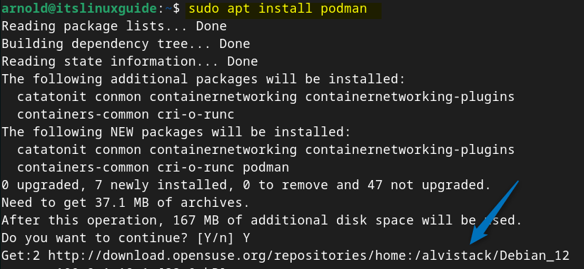 Installing Podman on Debian 12 using Alvistack repository.