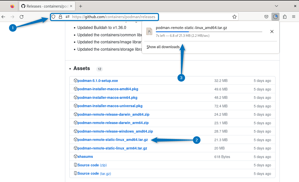Downloading Podman Tar file on Debian from GitHub
