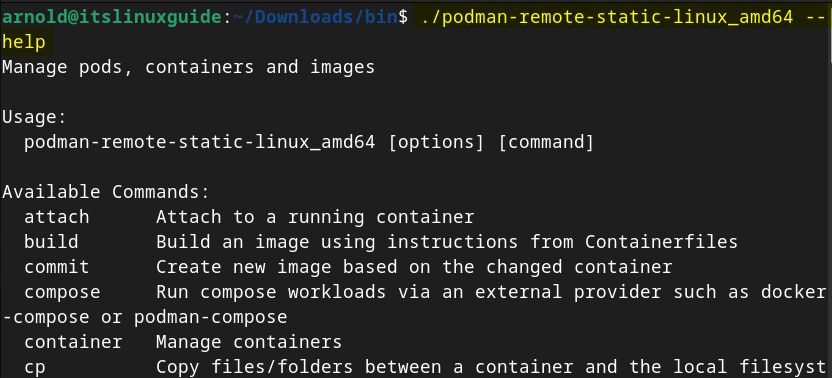 Podman help menu on Debian 12 installed through its tar file