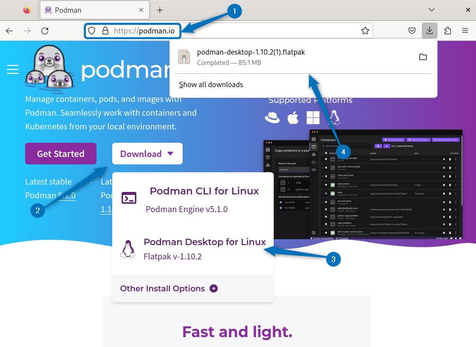 Downloading Podman Desktop file on Debian from its official site