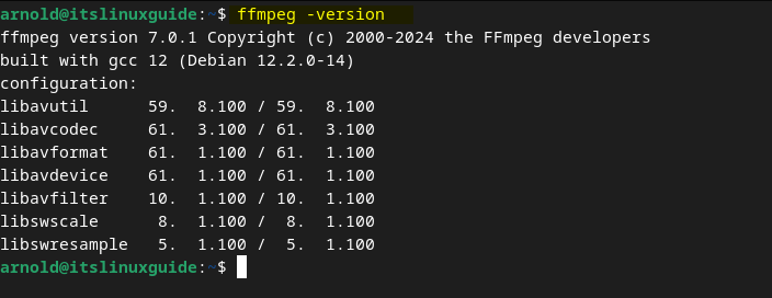Checking version of FFmpeg on Debian installed through its tar file