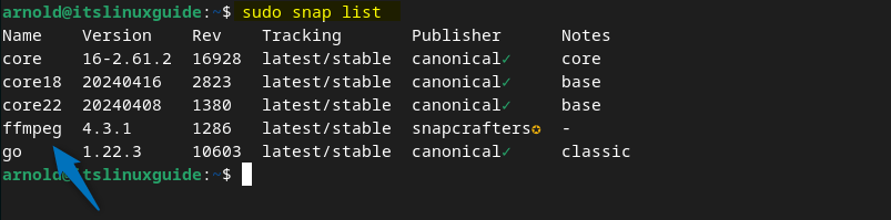 Listing apps installed by Snap Package manager on Debian to see if FFmpeg is installed correctly