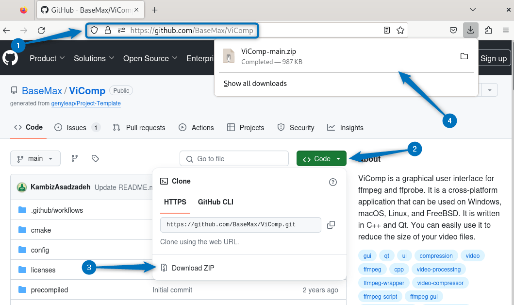 Downloading FFmpeg GUI version ViComp zip file on Debian through GitHub