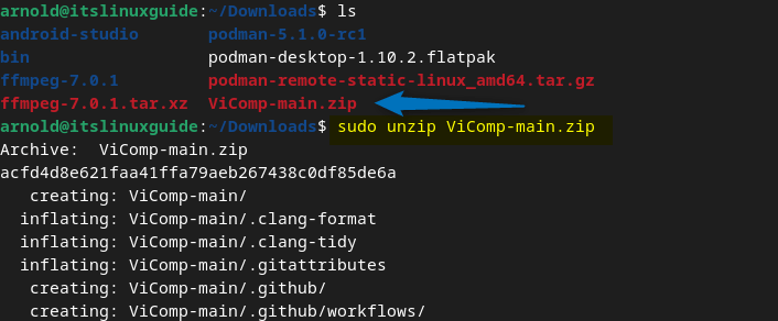 Extracting FFmpeg ViComp GUI version zip file on Debian 12