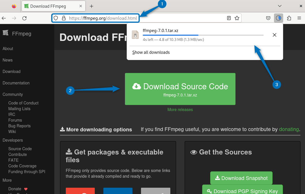 Downloading FFmpeg tar file On Debian 12 from its official website