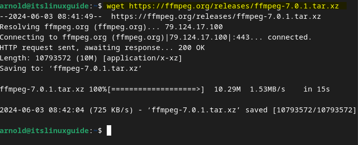 Downloading FFmpeg tar file On Debian using its download link