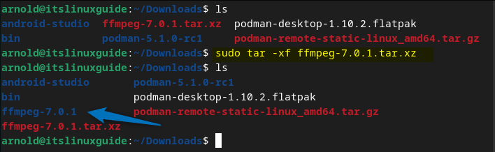 Extracting FFmpeg tar file on Debian using tar utility