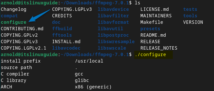 executing the configuration file for installing FFmpeg on Debian through is tar file