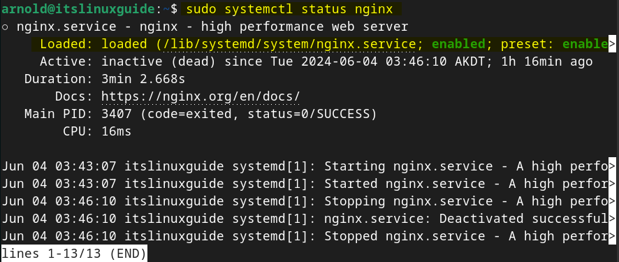 Checking the status of Nginx service on Debian 12