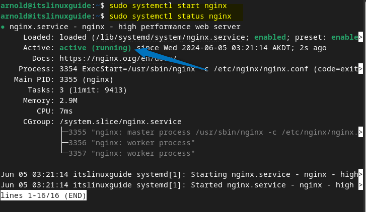 activating or starting the Nginx service on Debian using systemctl start nginx