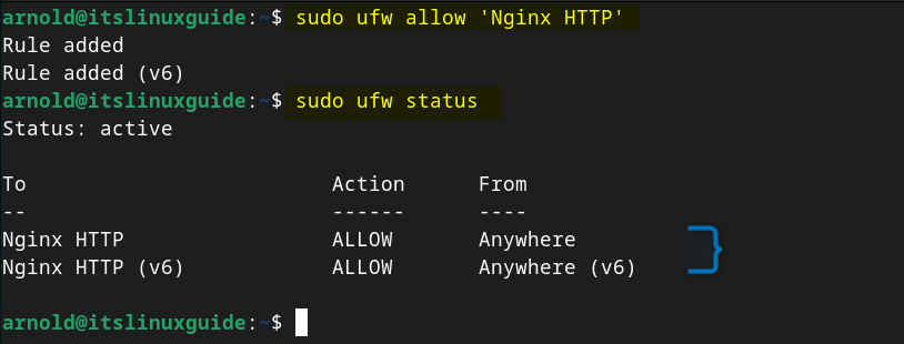 Allowing the Nginx HTTP or port 80 through Debian 12 firewall.