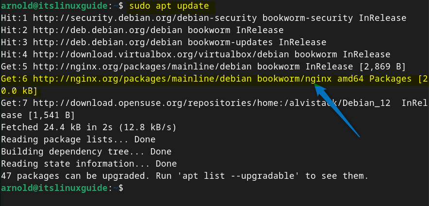 Updating Debian 12 packages list to add Nignx official repository .