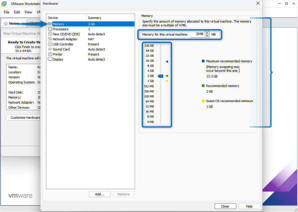 Setting RAM specifications of Kali Linux virtual machine on VMware