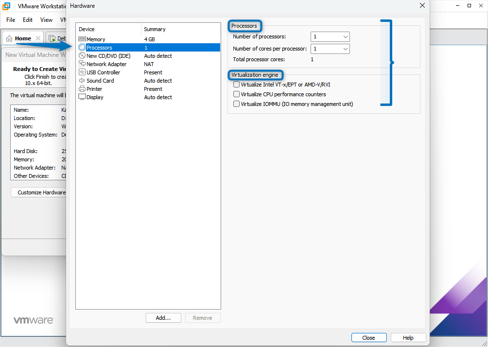 Setting the number of processors and CPUs for Kali Linux virtual machine on VMware