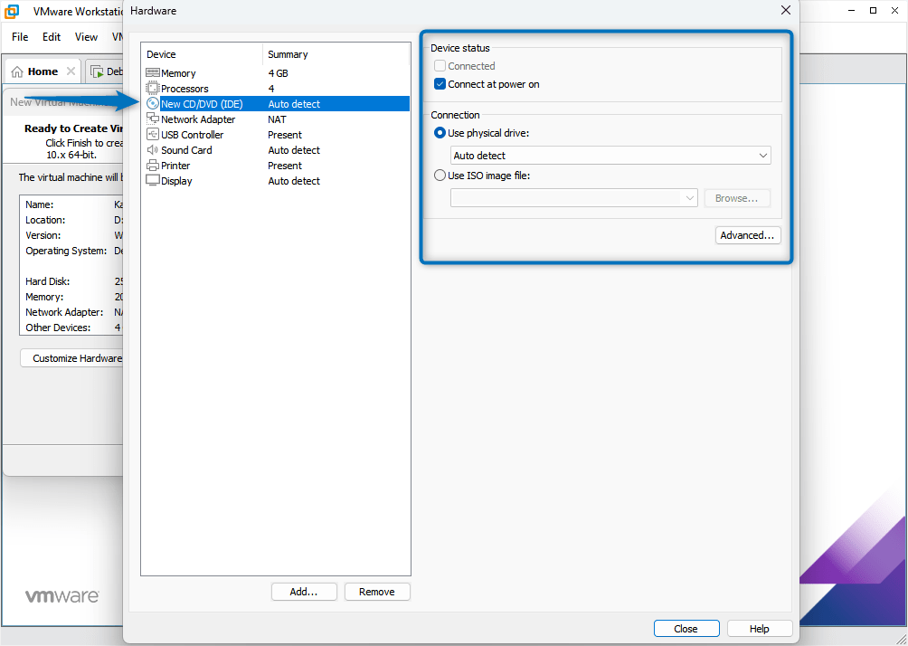 Setting new CD/DVD settings of Kali Linux virtual machine in VMware