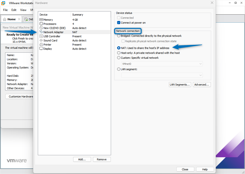 Network adaptor settings for Kali Linux virtual machine on VMware