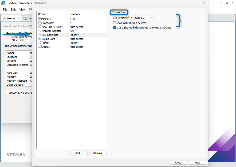 Kali Linux virtual machine USB Controller settings on VMware