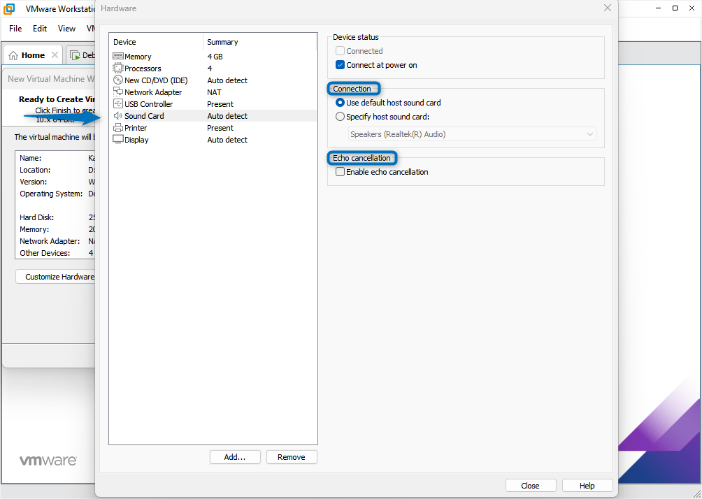 Sound Card settings for Kali Linux virtual machine on VMware