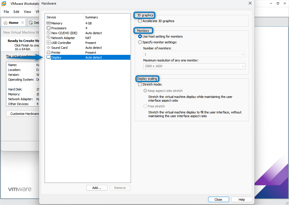Display settings for Kali Linux virtual machine on VMware