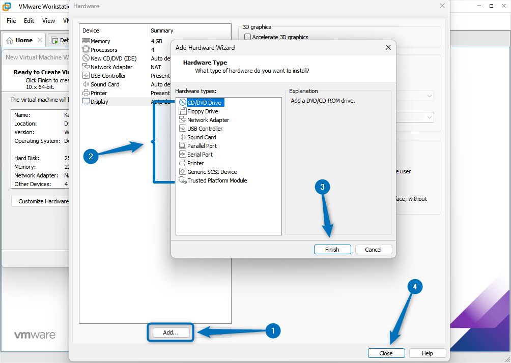 Adding additional hardware settings for Kali Linux virtual machine on VMware