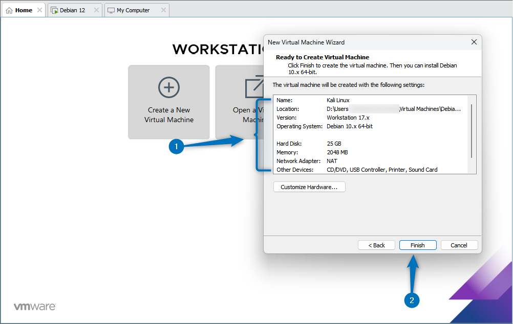 Reviewing all the hardware settings for Kali Linux virtual machine on VMware