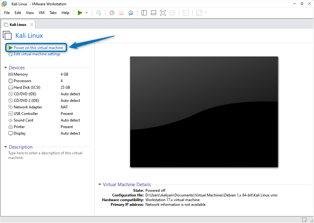 Launching Kali Linux virtual machine on VMware for the first time