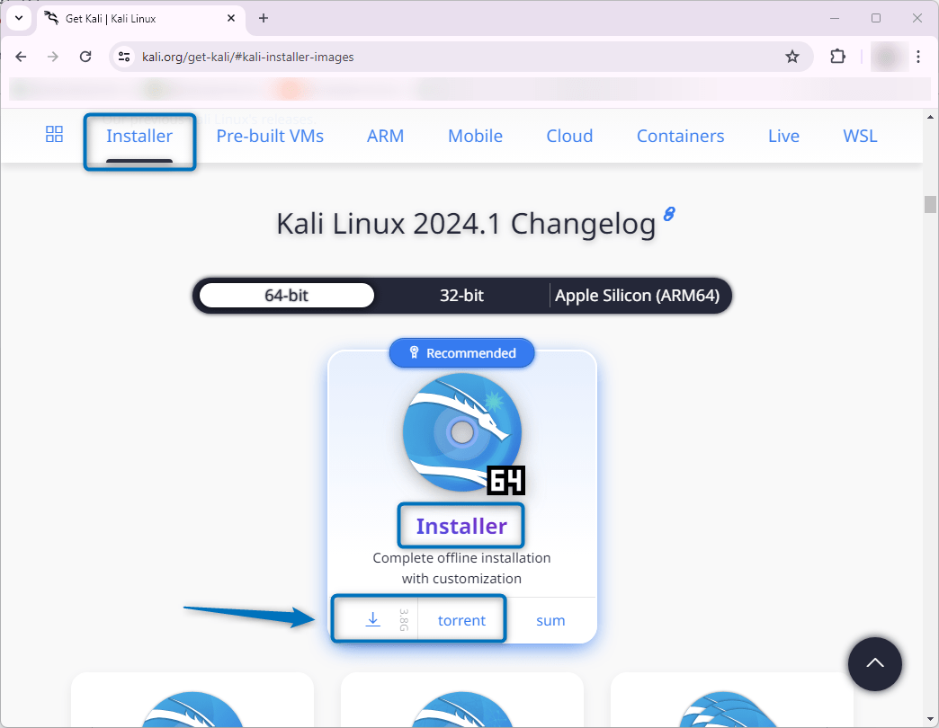 Downloading Kali Linux installer setup file to install it in VMware