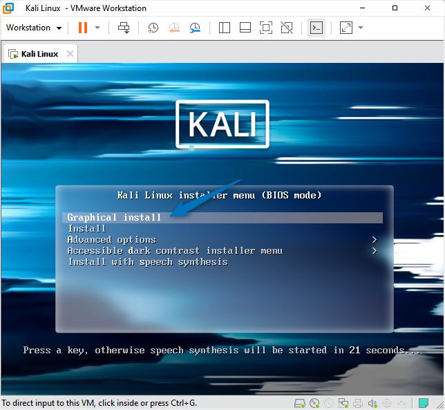 Kali Linux Installer menu (BIOS mode) on VMware