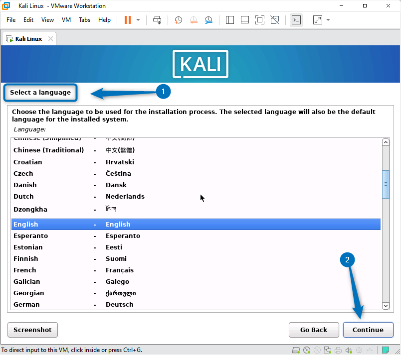 Selecting the language used for the Kali Linux installation process on VMware