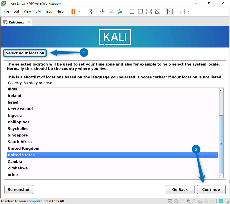 Selecting the Kali Linux location while installing it on VMware