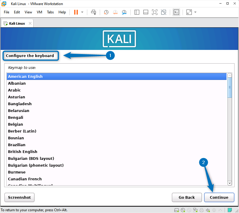 Selecting the Kali Linux keyboard layout while installing it on VMware