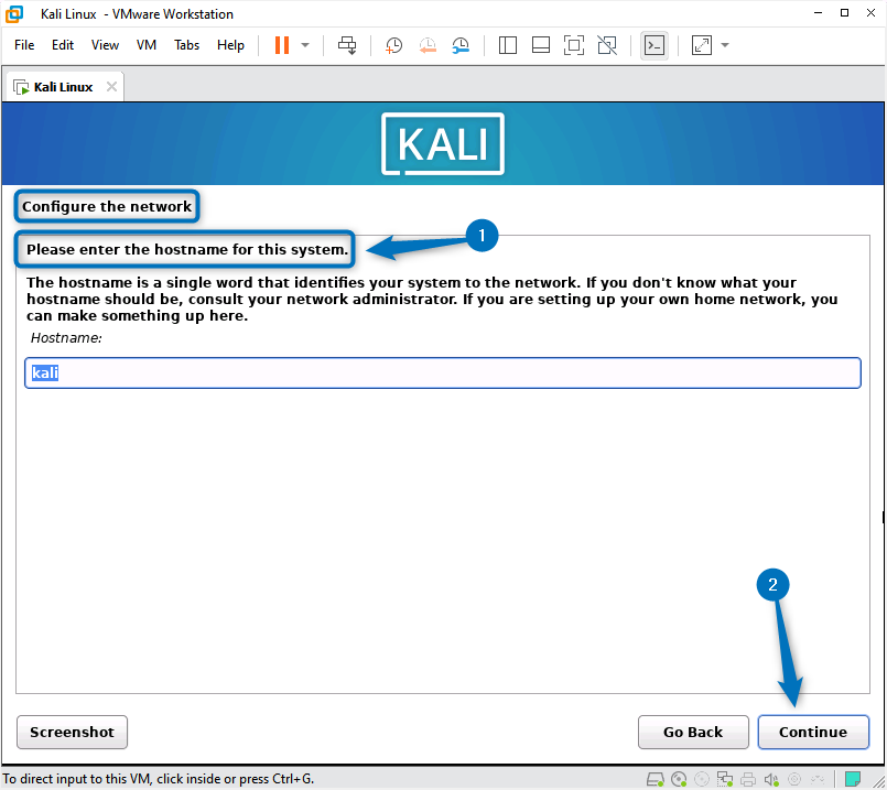 Setting the the Kali Linux hostname while installing it on VMware