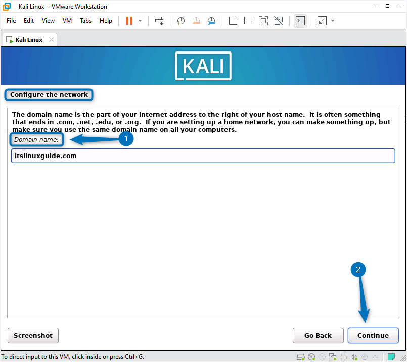 Selecting the Domain name while installing Kali Linux on VMware (optional)