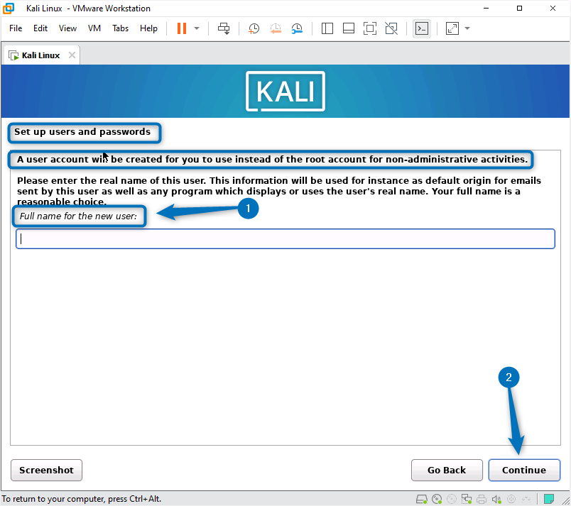 Entering the full for new user on Kali Linux location while installing it on VMware