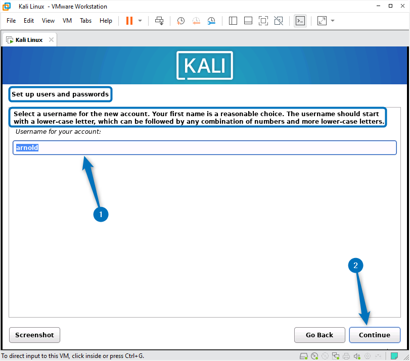 Entering the username for Kali Linux location while installing it on VMware