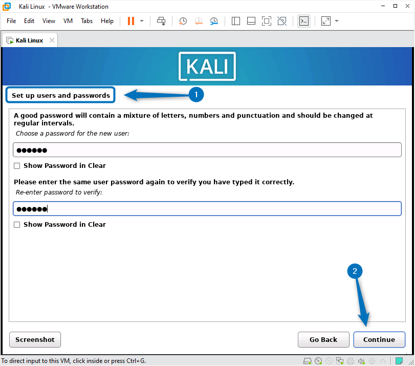 Setting the user account password for Kali Linux while installing it on VMware