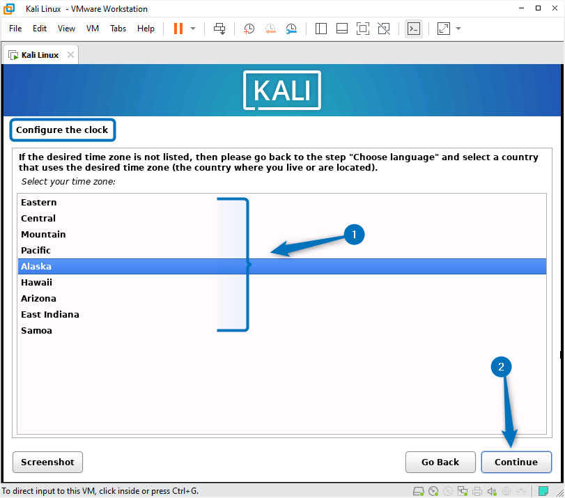 Selecting the Kali Linux time zone while installing it on VMware