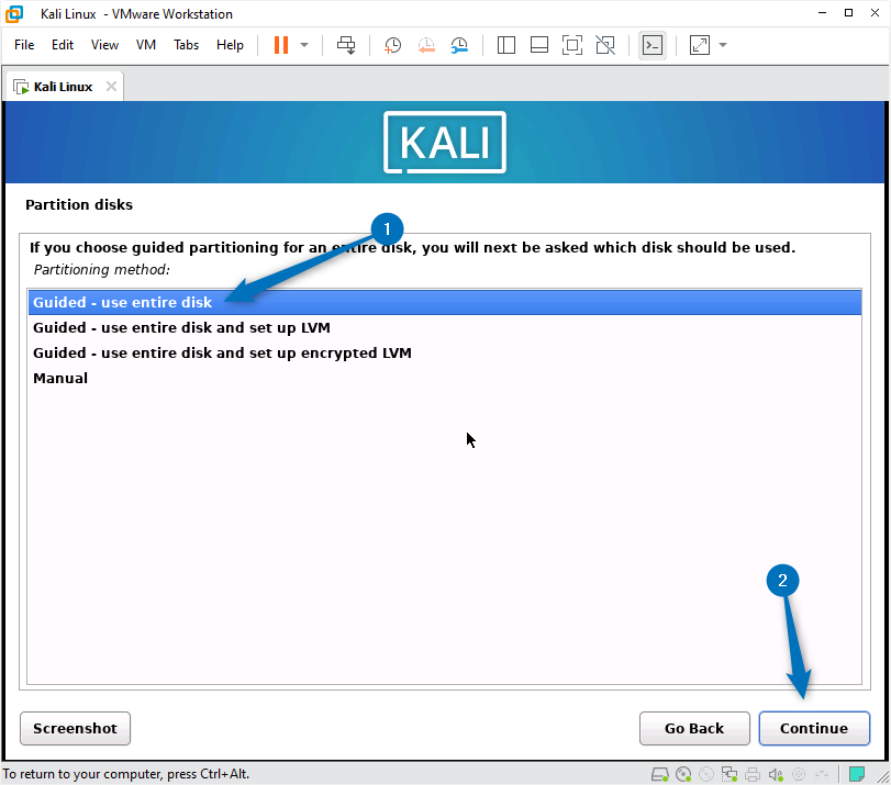 Selecting the Kali Linux partition method while installing it on VMware
