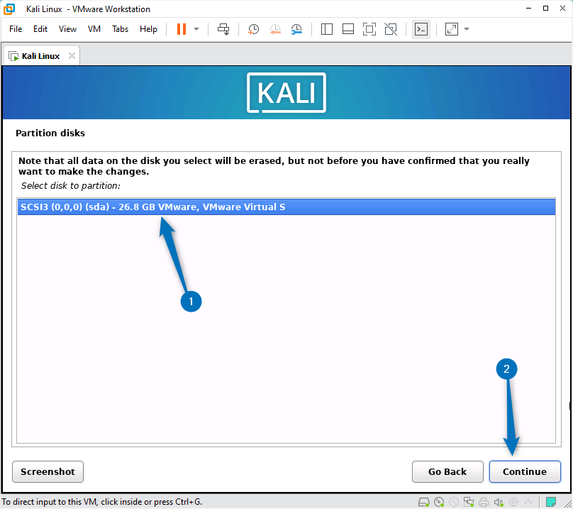 Selecting the Kali Linux partition disk while installing it on VMware