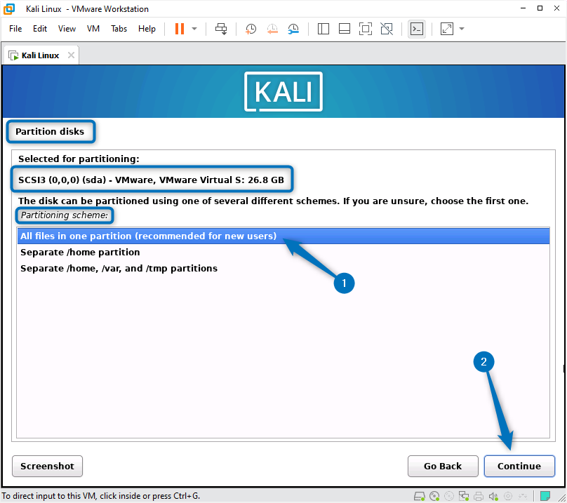 Selecting the Kali Linux partitioning scheme while installing it on VMware