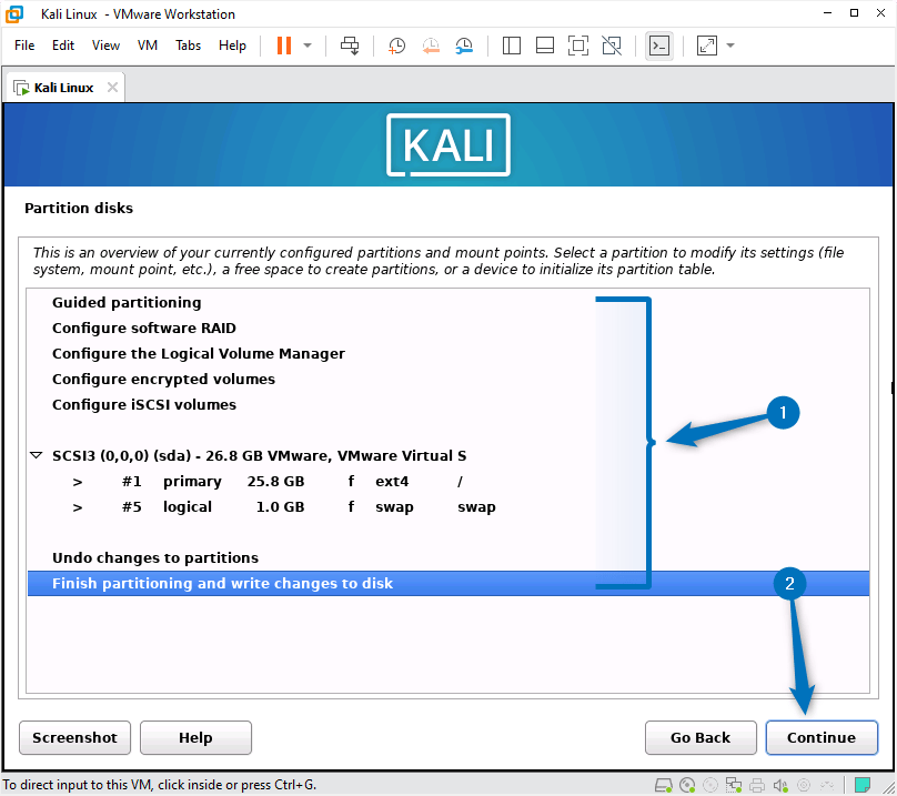 Reviewing the Kali Linux partition settings while installing it on VMware