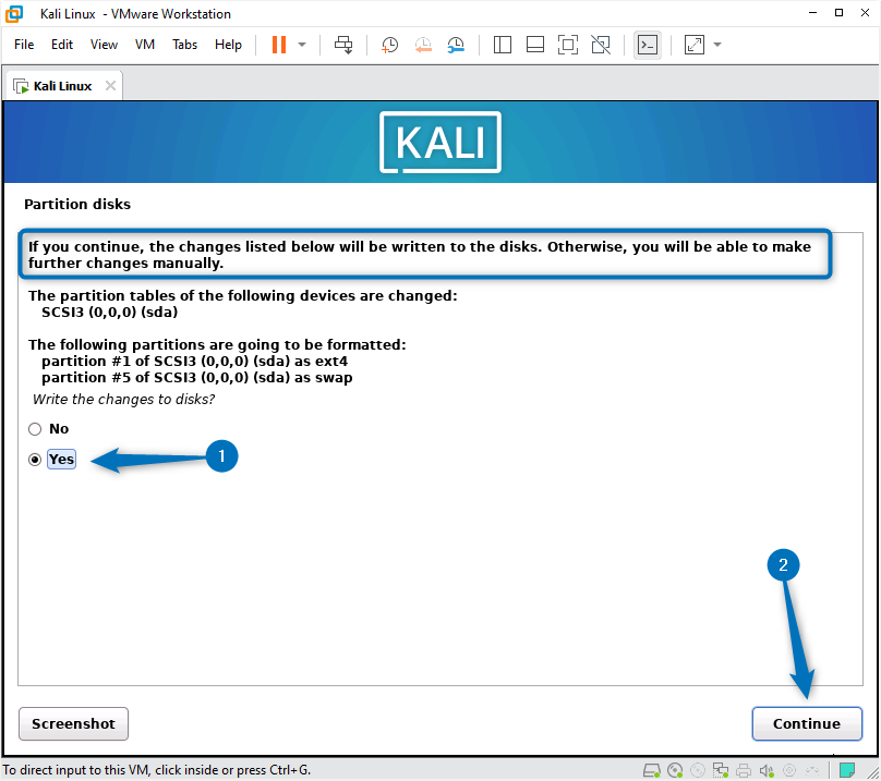 Writing changes to the disk partition of Kali Linux while installing it on VMware