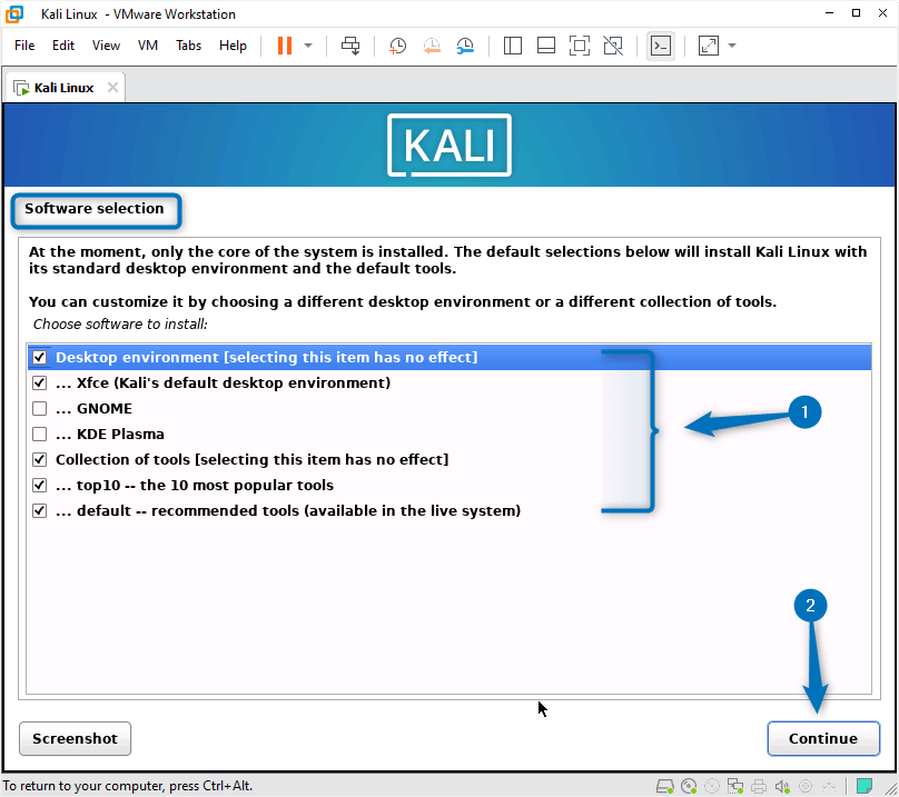 Selecting the Kali Linux desktop environment while installing it on VMware