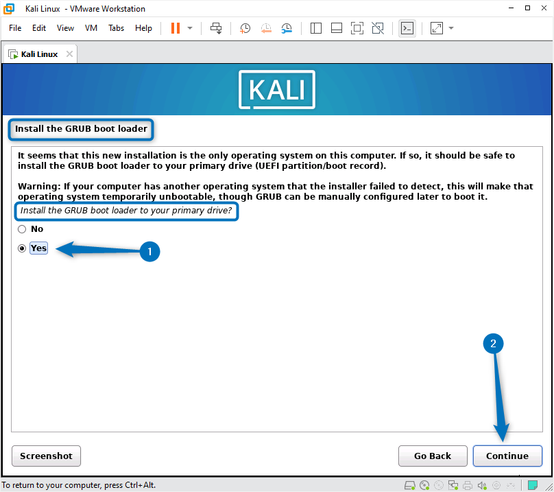 Allowing Kali Linux GRUB boot loader installation while installing it on VMware